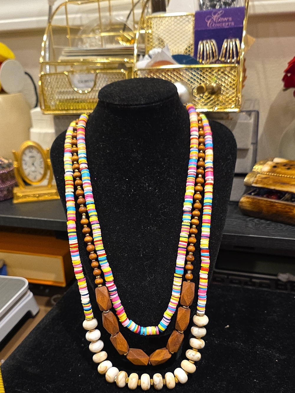 Vintage Multicolor Bead & Brown Wood Layered Necklace